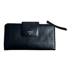 Fossil Black Leather Women's Wallet Fold Over Snap Credit Card Slots Zipper